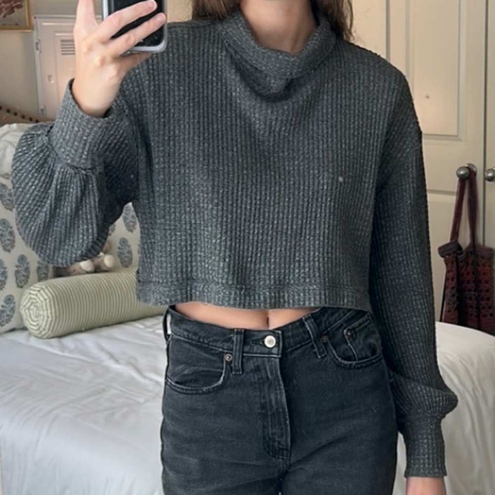Free People Gray Cowl Neck Sweater with Modern Design